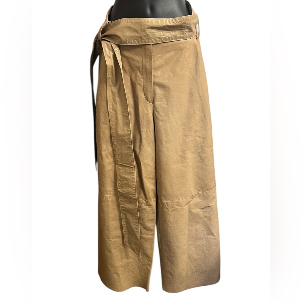 DROMe Pelle Leather Tan Wide Leg Pants with Tie Waist Sz S